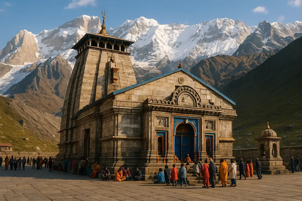 Kedarnath Temple with snow-covered Himalayas in background and devotees gathered in peaceful prayer atmosphere.