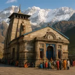 Kedarnath Temple with snow-covered Himalayas in background and devotees gathered in peaceful prayer atmosphere.