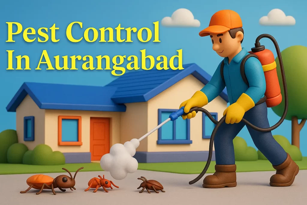 3D image of pest control in Aurangabad with colorful Lora font and exterminator spraying insects outside a modern house.