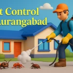 3D image of pest control in Aurangabad with colorful Lora font and exterminator spraying insects outside a modern house.