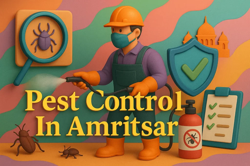 Pest control in Amritsar with technician spraying bugs, shield, checklist, and creative 3D design in HD with colorful background.