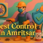 Pest control in Amritsar with technician spraying bugs, shield, checklist, and creative 3D design in HD with colorful background.