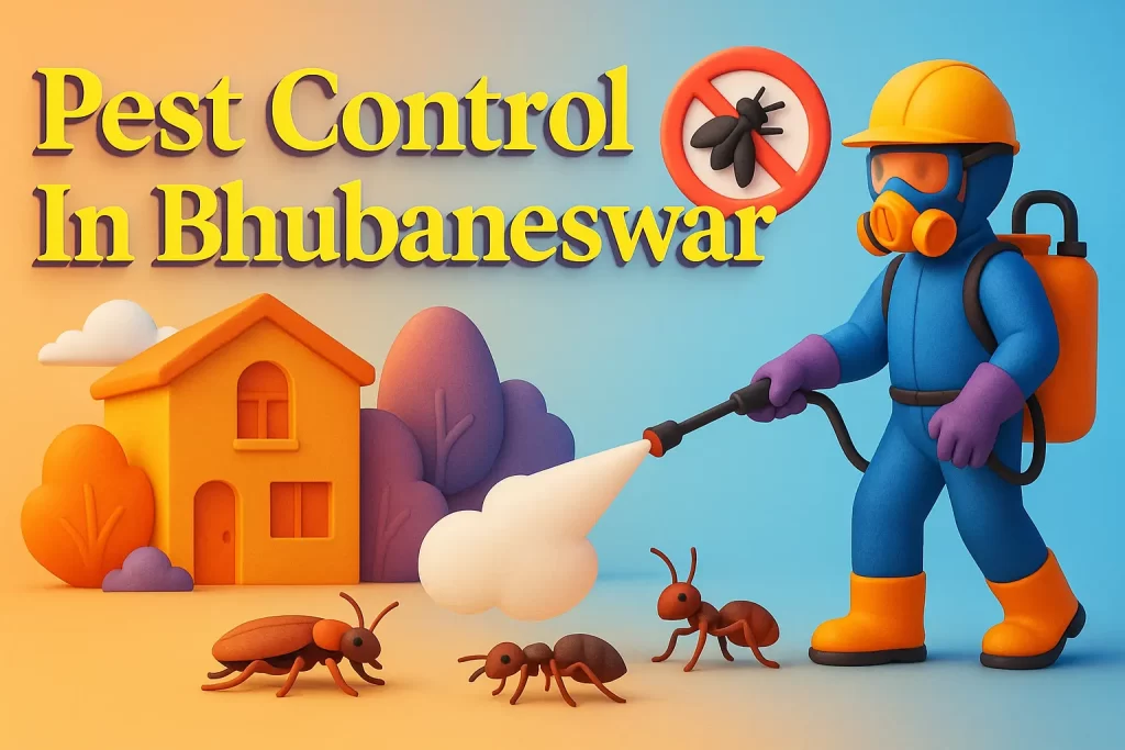 3D image of pest control in Bhubaneswar with vibrant Lora font and exterminator spraying insects near a modern house.