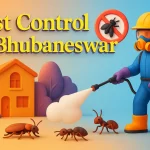 3D image of pest control in Bhubaneswar with vibrant Lora font and exterminator spraying insects near a modern house.