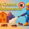 3D image of pest control in Bhubaneswar with vibrant Lora font and exterminator spraying insects near a modern house.