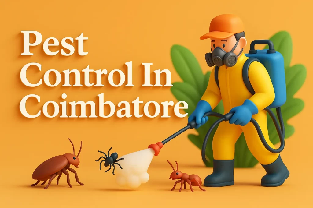 Colorful 3D illustration of pest control in Coimbatore with bold Lora font and exterminator spraying insects.