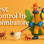 Colorful 3D illustration of pest control in Coimbatore with bold Lora font and exterminator spraying insects.