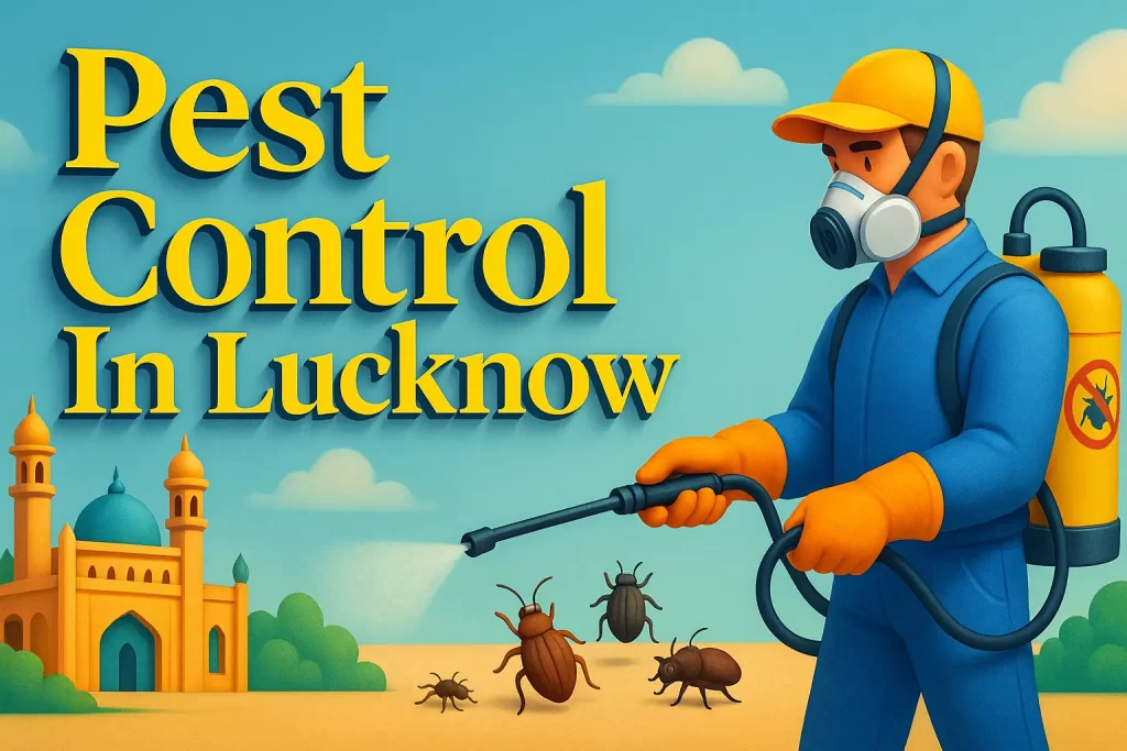 3D image of pest control in Lucknow with Lora font, colorful exterminator, iconic building, and bugs on sandy ground.