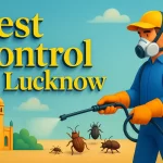 3D image of pest control in Lucknow with Lora font, colorful exterminator, iconic building, and bugs on sandy ground.