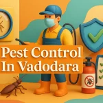Pest Control in Vadodara – 3D HD image with shield, bugs, spray, safety gear, and Lora font with highlighted shadow text
