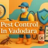Pest Control in Vadodara – 3D HD image with shield, bugs, spray, safety gear, and Lora font with highlighted shadow text