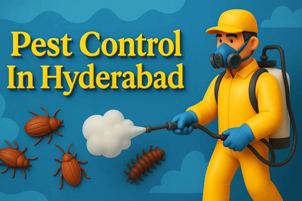 Creative 3D image of pest control in Hyderabad with bold Lora font and exterminator spraying insects in vibrant colors.