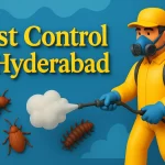 Creative 3D image of pest control in Hyderabad with bold Lora font and exterminator spraying insects in vibrant colors.