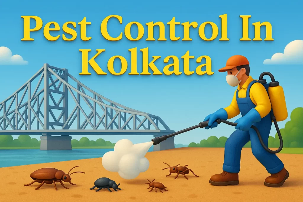 3D image of colorful pest control service in Kolkata, with bold Lora font and shadow-highlighted text on urban background.