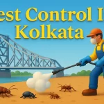 3D image of colorful pest control service in Kolkata, with bold Lora font and shadow-highlighted text on urban background.