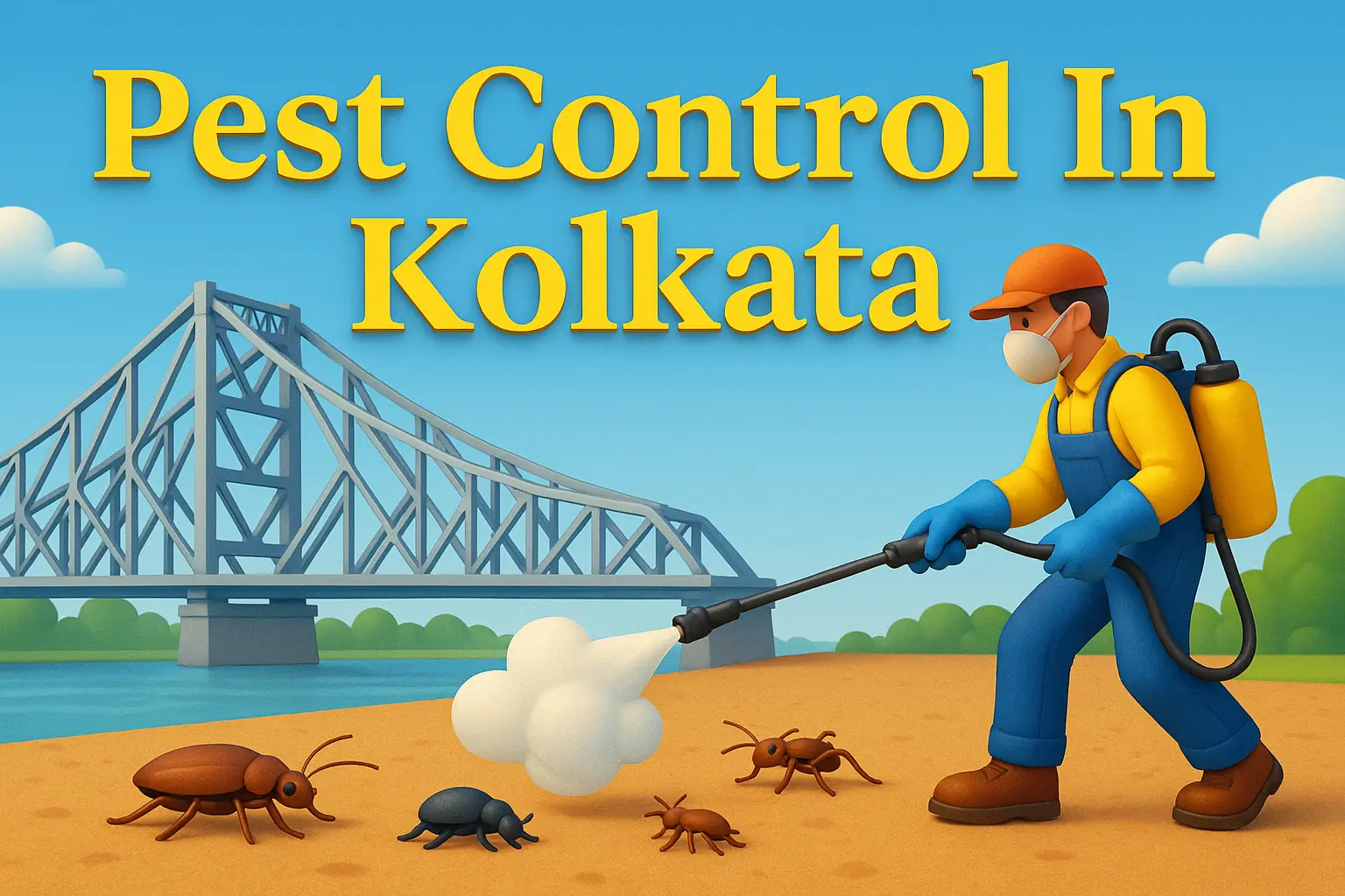 3D image of colorful pest control service in Kolkata, with bold Lora font and shadow-highlighted text on urban background.