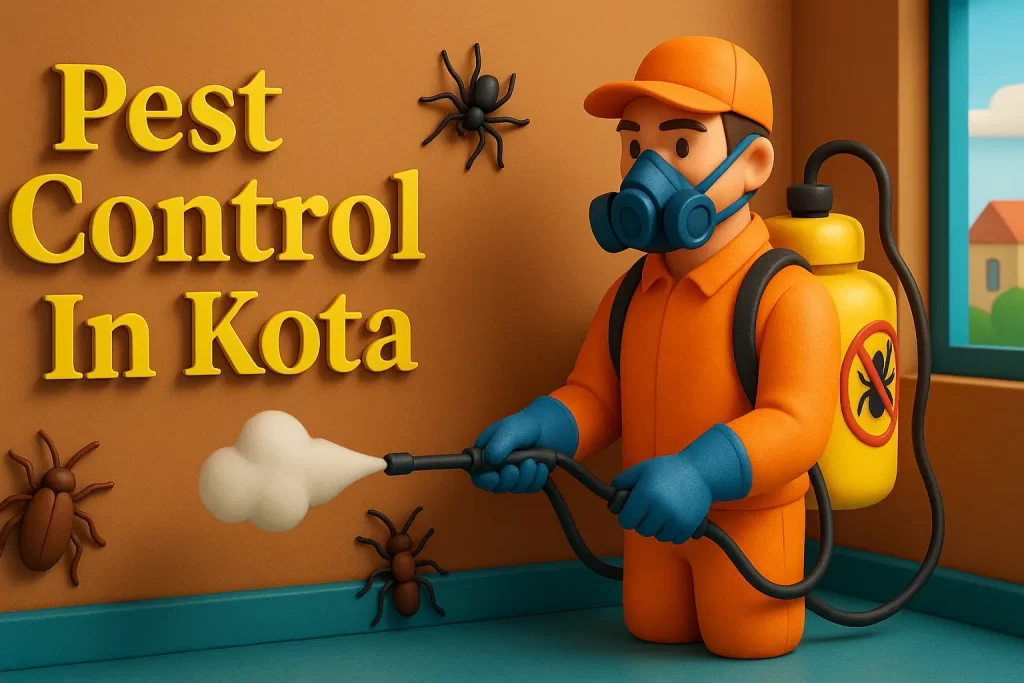 3D image of pest control in Kota with colorful Lora font, exterminator spraying bugs inside a bright, modern room.