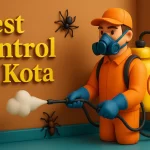 3D image of pest control in Kota with colorful Lora font, exterminator spraying bugs inside a bright, modern room.