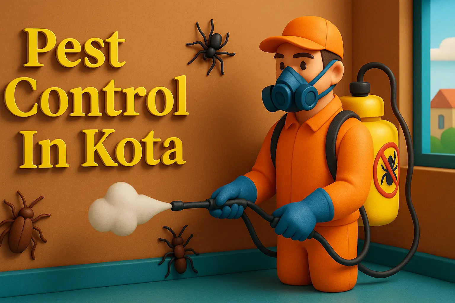 3D image of pest control in Kota with colorful Lora font, exterminator spraying bugs inside a bright, modern room.